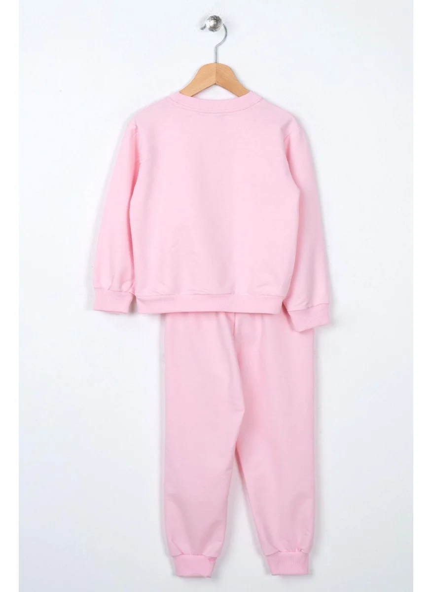 Zepkids Crew Neck Long Sleeve Pink Color Tracksuit with Pocket Cover