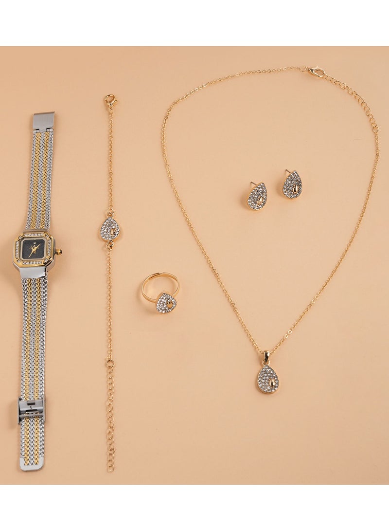 Clasico ✨ مجموعة هدايا نسائية فاخرة من الساعة والمجوهرات الاصطناعية – ساعة، قلادة، أقراط، خاتم وسوار ✨ - Image 1