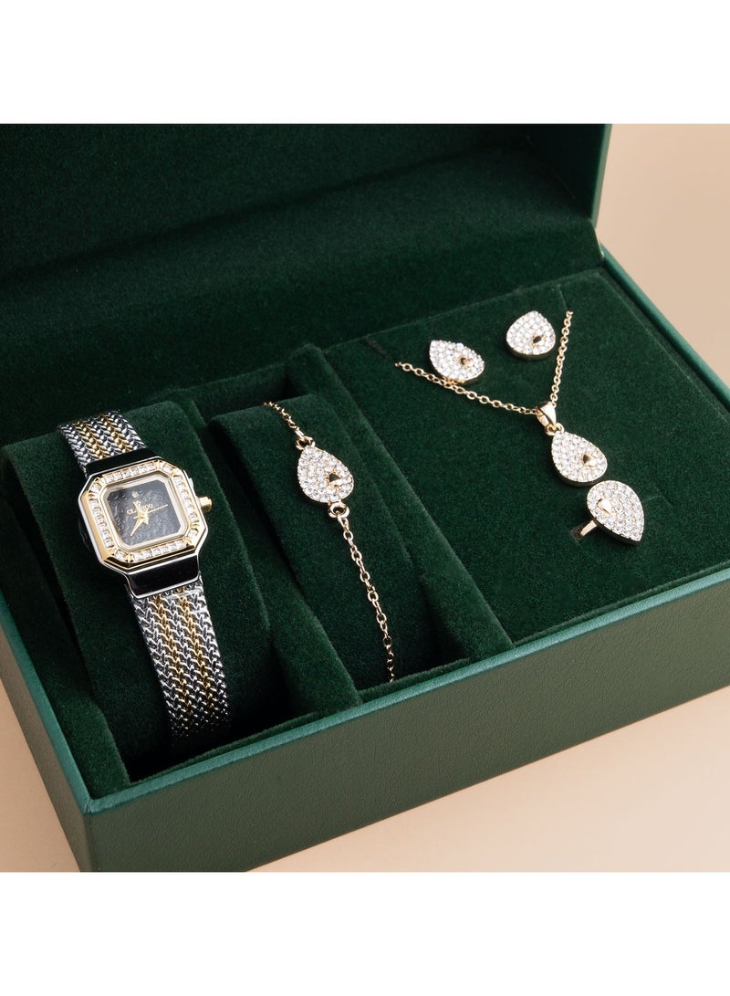 Clasico ✨ مجموعة هدايا نسائية فاخرة من الساعة والمجوهرات الاصطناعية – ساعة، قلادة، أقراط، خاتم وسوار ✨ - Image 3