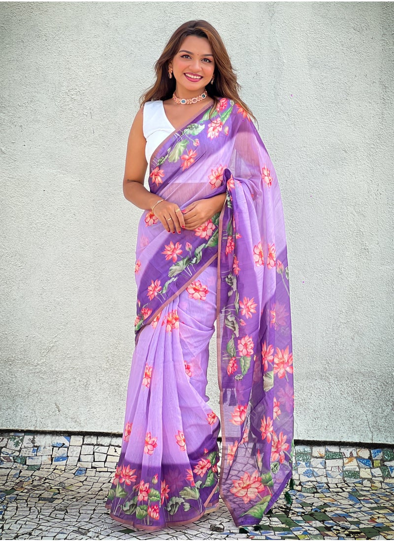 Super Asian - Cotton Sarees with  pichwai Prints all over the body having zari woven piping border on both sides - Image 1