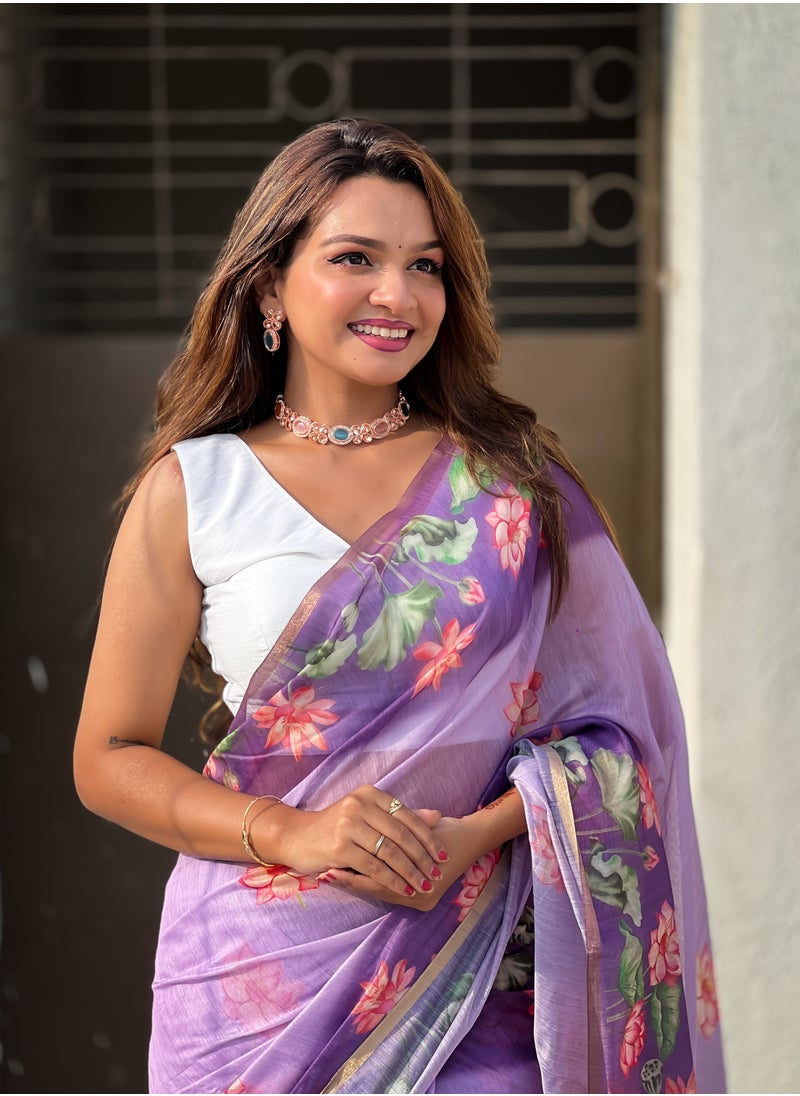 Super Asian - Cotton Sarees with  pichwai Prints all over the body having zari woven piping border on both sides - Image 1