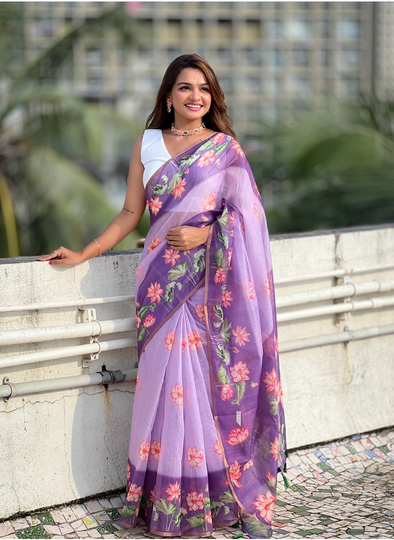Super Asian - Cotton Sarees with  pichwai Prints all over the body having zari woven piping border on both sides - Image 1