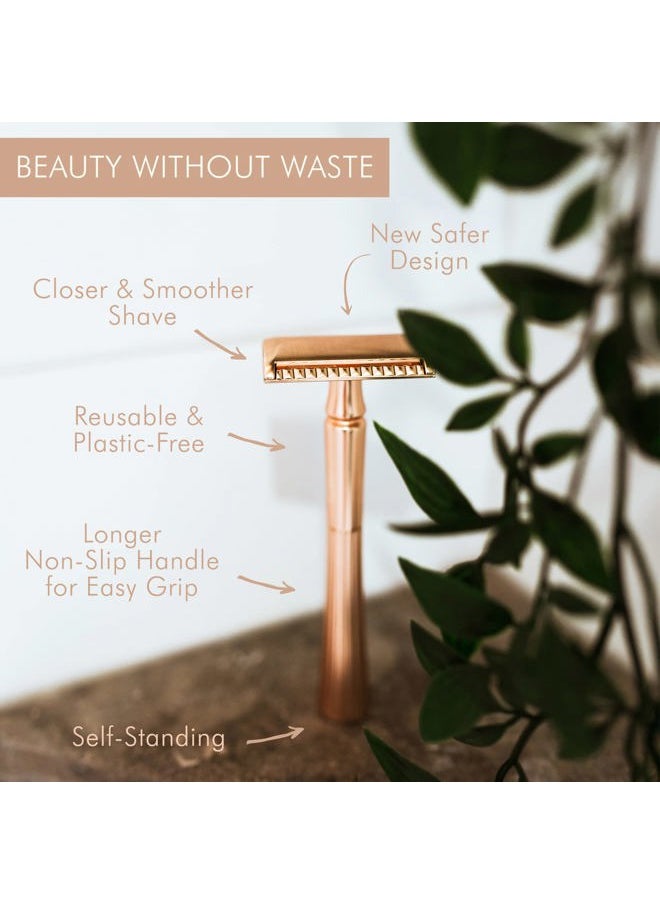 NATULANE - Eco Friendly Safety Razor For Women & Blades | Zero Waste Gift Ideas | Sustainable Shaver for Ladies | Rose Gold Straight Metal Razor | Stainless Steel Double Edge Razors | Reusable Safety Razor Women - Image 1
