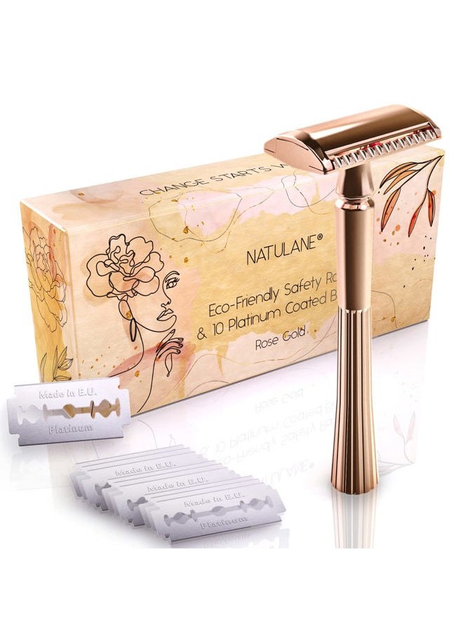 NATULANE - Eco Friendly Safety Razor For Women & Blades | Zero Waste Gift Ideas | Sustainable Shaver for Ladies | Rose Gold Straight Metal Razor | Stainless Steel Double Edge Razors | Reusable Safety Razor Women - Image 1