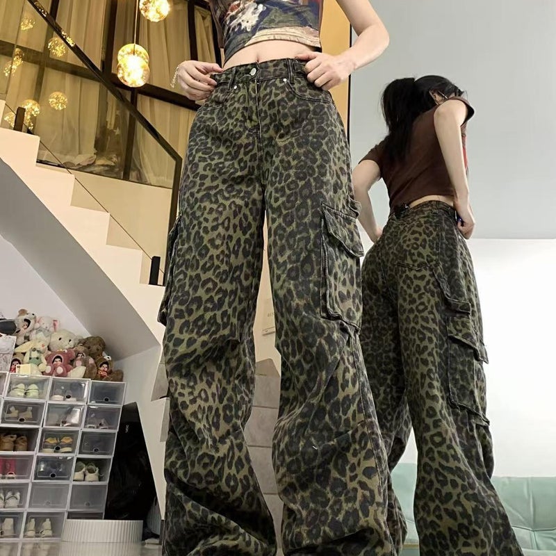 Coil Jeans American Style Wide Leg Loose Straight High Waist Casual Retro Leopard Print High Street Hip Hop Style Trendy Leopard print 