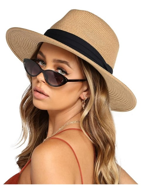 Womens Mens Wide Brim Straw Panama Hat ,Summer Beach Sun Hat UPF Straw Hat For Women