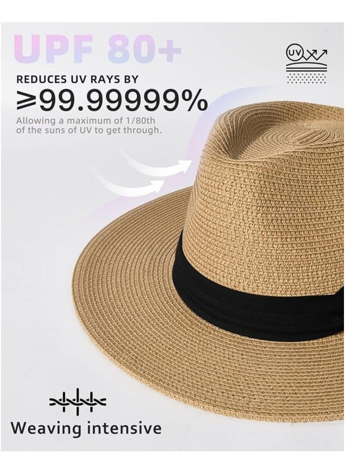 Womens Mens Wide Brim Straw Panama Hat ,Summer Beach Sun Hat UPF Straw Hat For Women
