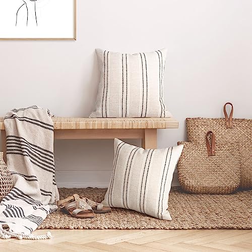AELS 16x16 Decorative Farmhouse Linen Throw Pillow Covers, Boho Textured Pillow Case, Set of 2, Beige with White & Black Stitch Yarn Dyed Stripe Cushion Cover for Sofa Couch Living Room (Cover ONLY) - Image 5