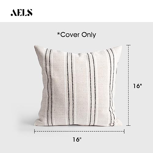 AELS 16x16 Decorative Farmhouse Linen Throw Pillow Covers, Boho Textured Pillow Case, Set of 2, Beige with White & Black Stitch Yarn Dyed Stripe Cushion Cover for Sofa Couch Living Room (Cover ONLY) - Image 2