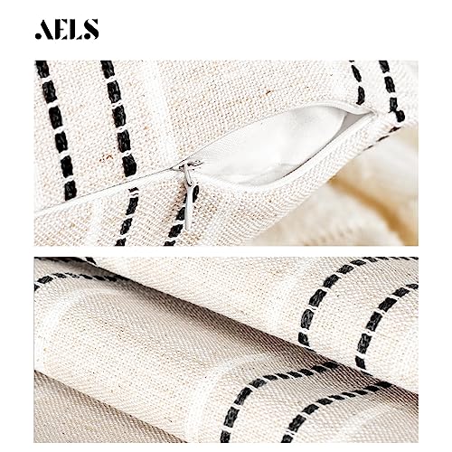 AELS 16x16 Decorative Farmhouse Linen Throw Pillow Covers, Boho Textured Pillow Case, Set of 2, Beige with White & Black Stitch Yarn Dyed Stripe Cushion Cover for Sofa Couch Living Room (Cover ONLY) - Image 3