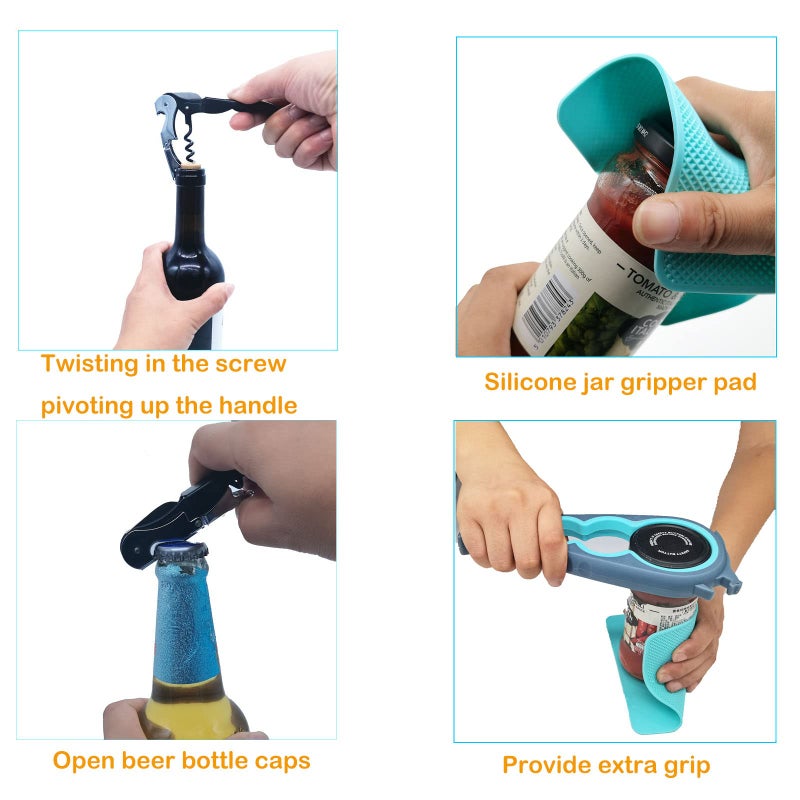 Otstar Latest Jar Opener for Seniors with Arthritis, Weak Hands, 5 in 1 Bottle Opener Tool with Rubber Jar Gripper Pad and Corkscrew Wine Opener - Image 5