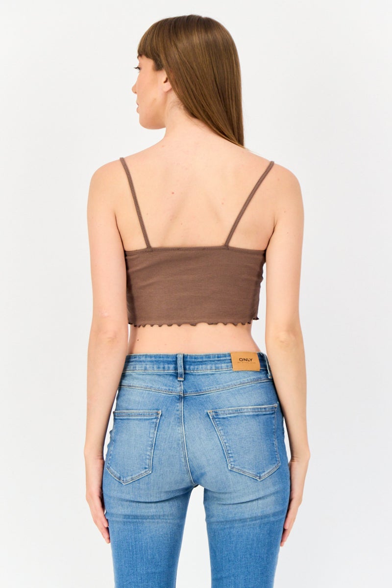 Pull & Bear Women V Neck Sleeveless Textured Tank Top, Brown  - Image 3