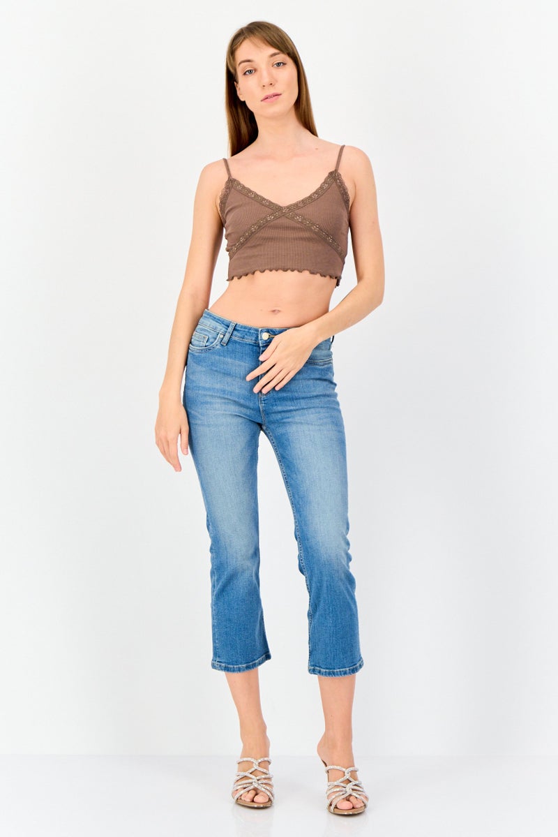 Pull & Bear Women V Neck Sleeveless Textured Tank Top, Brown  - Image 2