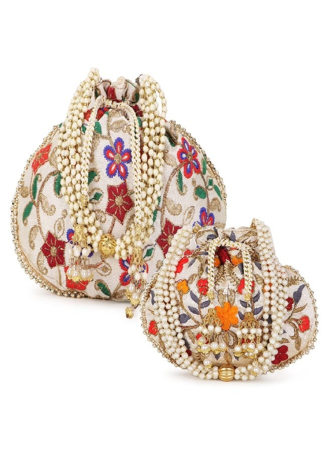 Anekaant Dangle Mother Daughter Floral Embroidered Faux Silk Potlis Combo (Pack of 2) ADCL1130A32A - Image 1