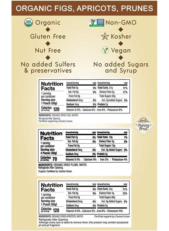 SUNNY FRUIT - Sunny Fruit Organic Dried Fruit Assortment - Prunes, Figs & Apricots Variety, 3 Bags (15 Individual Portion Packs) | ORGANIC, NON-GMO, VEGAN, HALAL, KOSHER, NO PRESERVATIVES, NO SUGAR ADDED - Image 1