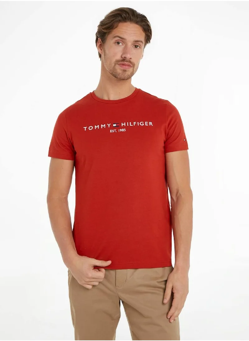 TOMMY HILFIGER Men's Logo Embroidery Slim Fit T-Shirt -  Pure cotton, Red