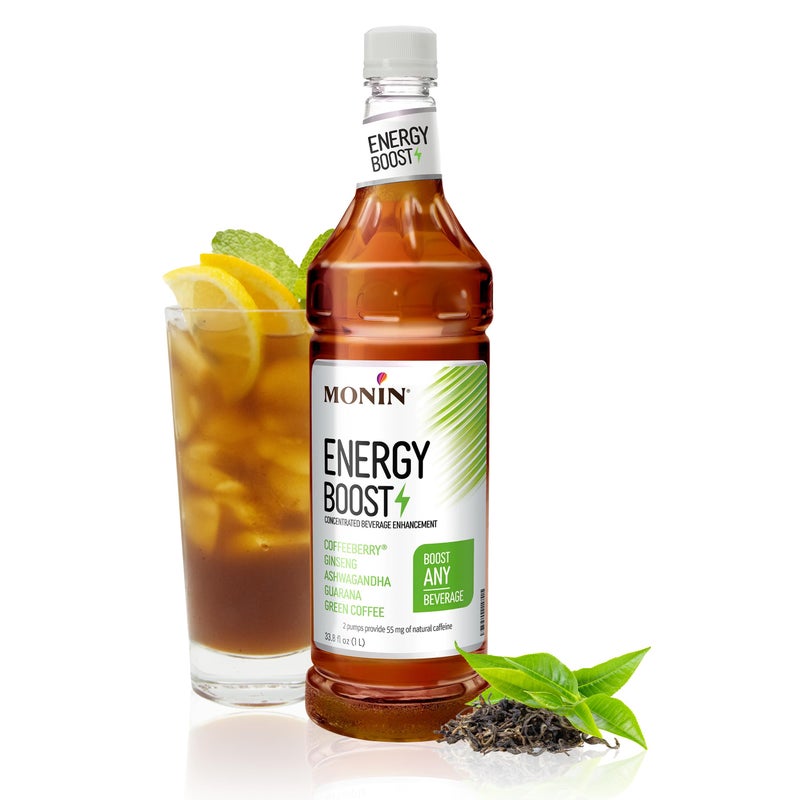 Monin - Energy Boost, Liquid Energy Supplement, Subtle Tea Flavor, Zero Added Sugar, Great for Coffee, Soda, & More, Low-Calorie, Contains Natural Caffeine, Gluten-Free, Clean Label (1 Liter + Pump) - Image 1