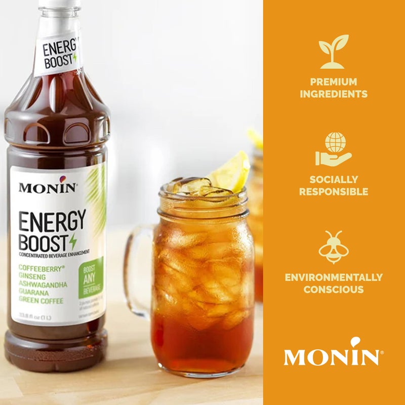 Monin - Energy Boost, Liquid Energy Supplement, Subtle Tea Flavor, Zero Added Sugar, Great for Coffee, Soda, & More, Low-Calorie, Contains Natural Caffeine, Gluten-Free, Clean Label (1 Liter + Pump) - Image 4