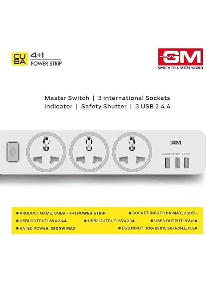 GM جهاز توزيع الطاقة GM 3261 كوبا 4+1 مع مفتاح رئيسي ومؤشر أمان و3 مقابس دولية و3 منافذ USB 2.4A - Image 3