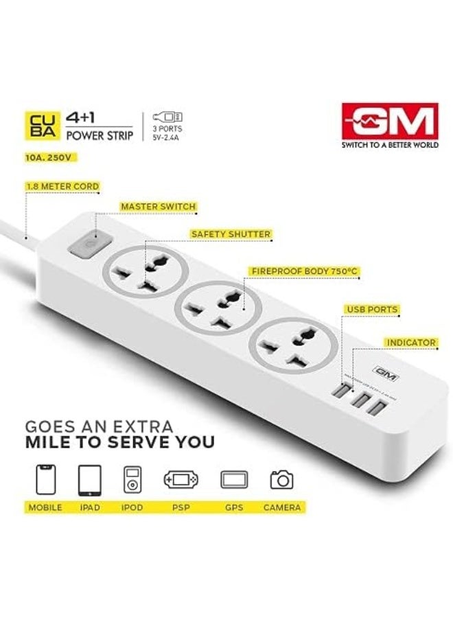 GM جهاز توزيع الطاقة GM 3261 كوبا 4+1 مع مفتاح رئيسي ومؤشر أمان و3 مقابس دولية و3 منافذ USB 2.4A - Image 4