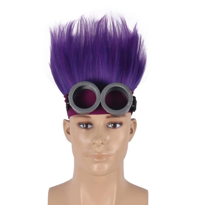 QACCF Straigth Purple Men Women Purple Goggle Halloween Costume Cosplay Headband Hair Wig Two Eyes