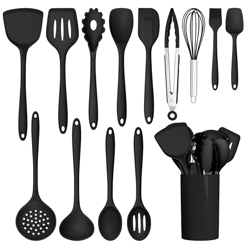 HaWare Kitchen Utensils 14 PCS Silicone Cooking Utensils Set Heat Resistant Kitchen Utensils for Nonstick Cookware Kitchen Gadgets Tools with Spoons Spatulas Whisk Dishwasher Safe Black