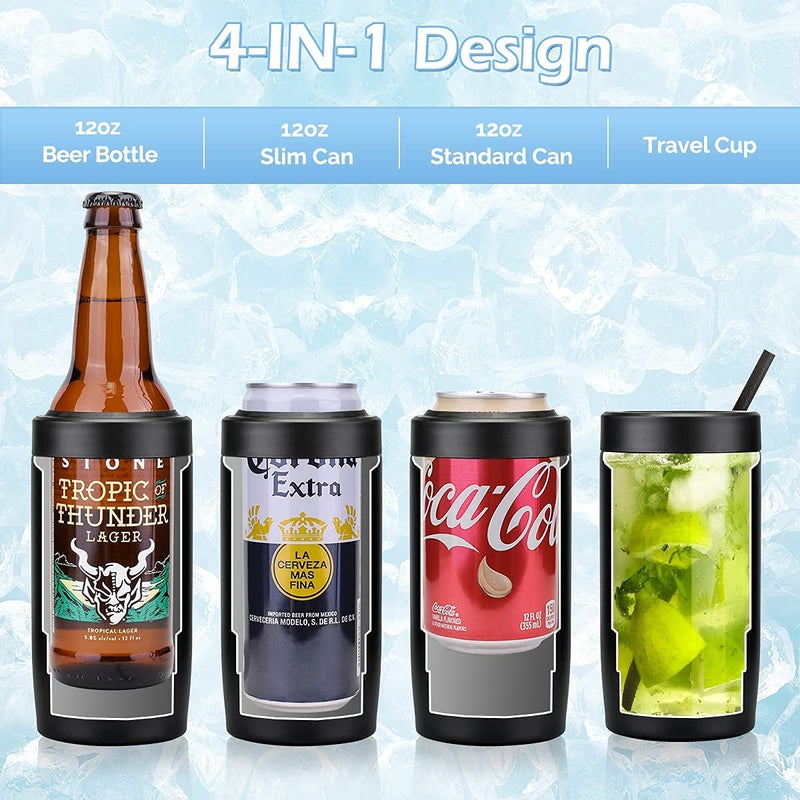 Morefeel 4-in-1 Skinny Can Cooler Double Wall Stainless Steel Insulated Can Holder  Works With 12 Oz Slim Can Standard Cans Beer Bottles & As Pint Cups(Black) - Image 2