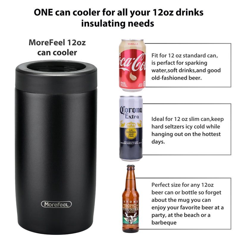 Morefeel 4-in-1 Skinny Can Cooler Double Wall Stainless Steel Insulated Can Holder  Works With 12 Oz Slim Can Standard Cans Beer Bottles & As Pint Cups(Black) - Image 3