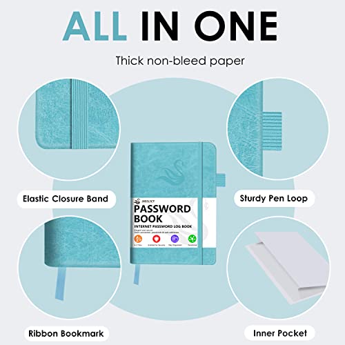 Jxselect Elegant Password Book with Alphabetical Tabs - Hardcover Password Book for Internet Website Address Login - 5.2" x 7.6" Password Keeper and Organizer w/Notes Section & Back Pocket (Turquoise) - Image 4