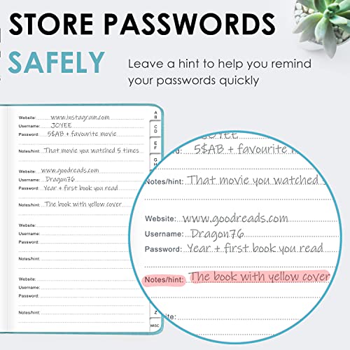 Jxselect Elegant Password Book with Alphabetical Tabs - Hardcover Password Book for Internet Website Address Login - 5.2" x 7.6" Password Keeper and Organizer w/Notes Section & Back Pocket (Turquoise) - Image 5