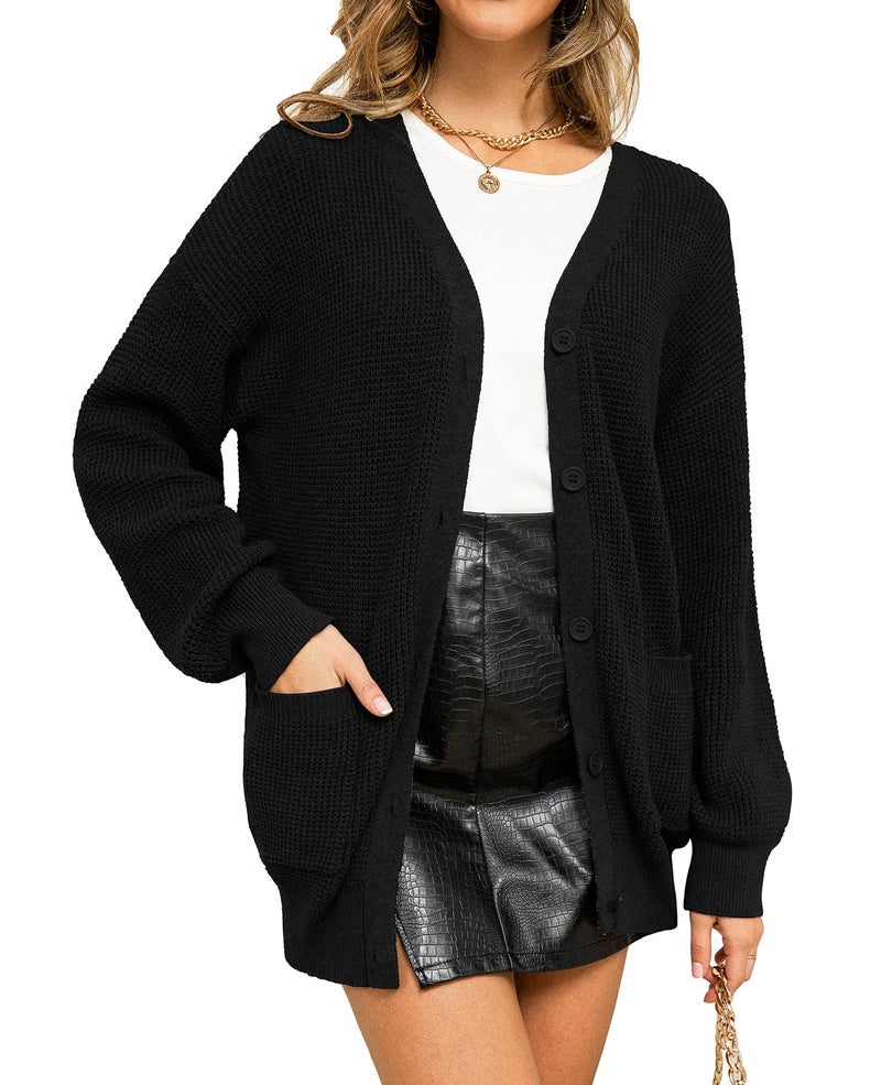 QUALFORT Women's 100% Cotton Cardigan Sweaters for Women Button Down Oversized Knit Outerwear with Pockets Fall Cardigans 2026 Black X-Large - Image 4