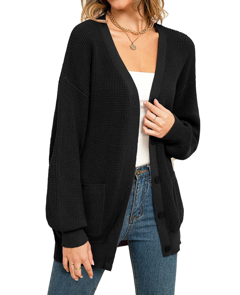 QUALFORT Women's 100% Cotton Cardigan Sweaters for Women Button Down Oversized Knit Outerwear with Pockets Fall Cardigans 2026 Black X-Large - Image 1
