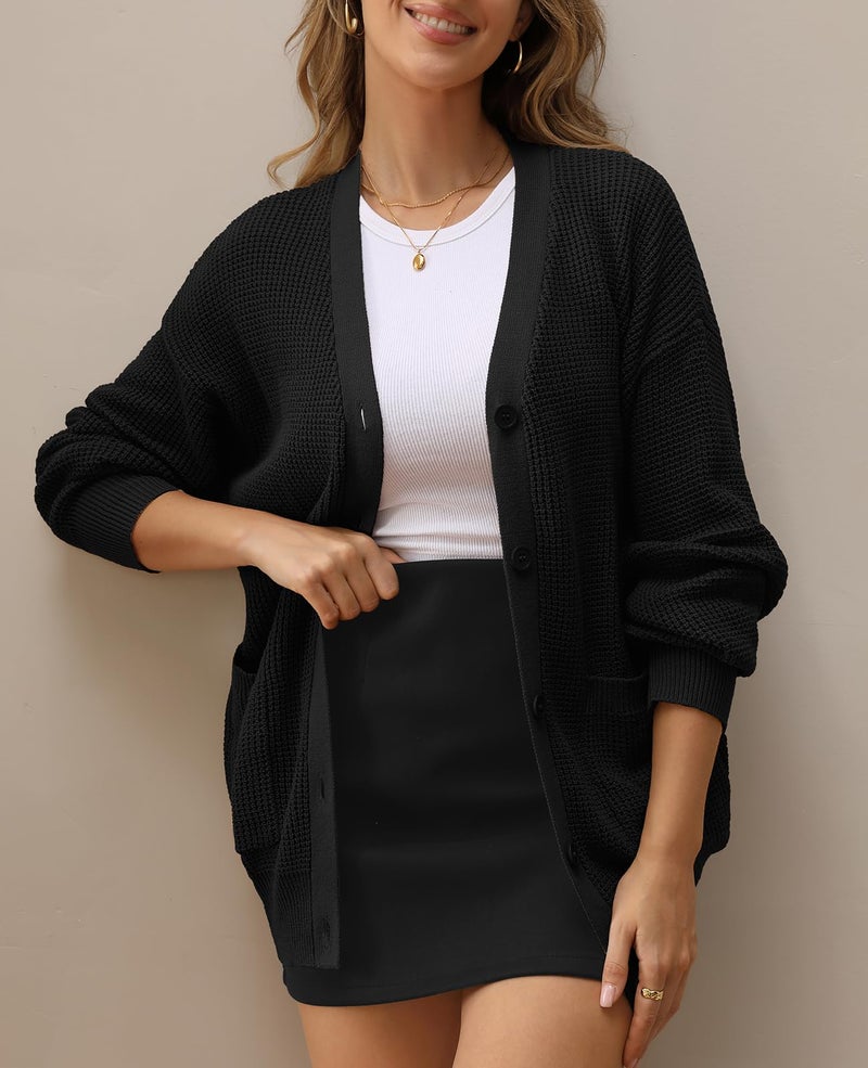 QUALFORT Women's 100% Cotton Cardigan Sweaters for Women Button Down Oversized Knit Outerwear with Pockets Fall Cardigans 2026 Black X-Large - Image 5