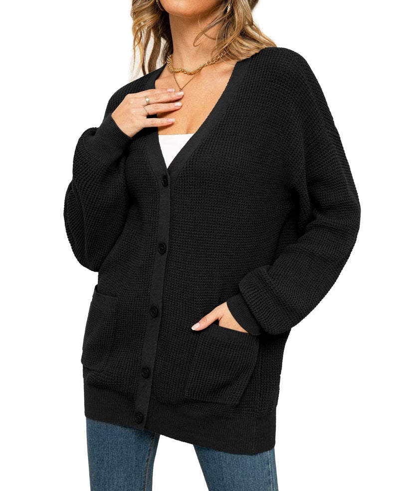 QUALFORT Women's 100% Cotton Cardigan Sweaters for Women Button Down Oversized Knit Outerwear with Pockets Fall Cardigans 2026 Black X-Large - Image 3