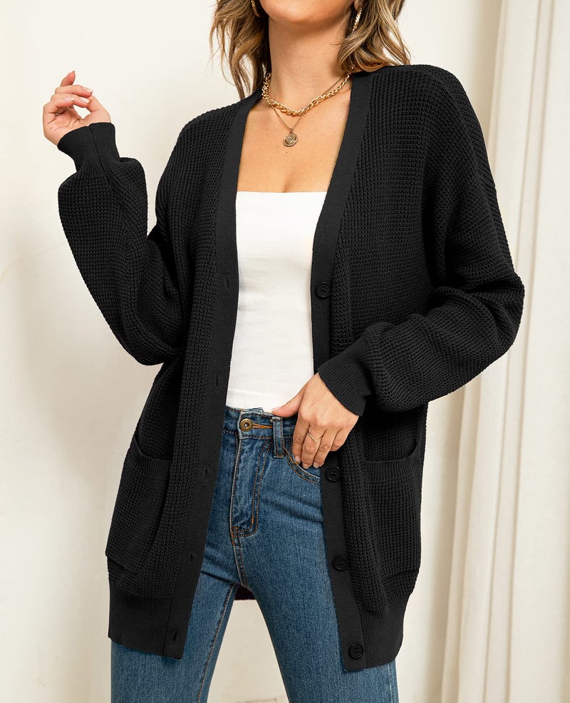 QUALFORT Women's 100% Cotton Cardigan Sweaters for Women Button Down Oversized Knit Outerwear with Pockets Fall Cardigans 2026 Black X-Large - Image 2