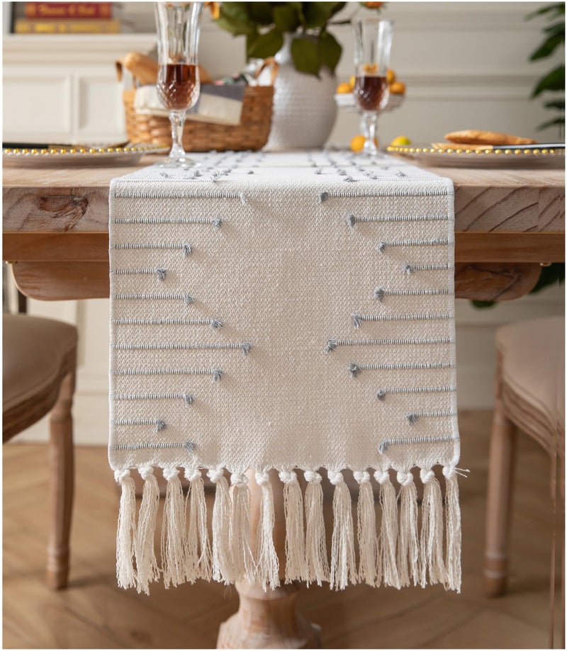 Boho Table Runner 13 x 72 Inch Long Natural Cotton Woven Runner with Tassels for Home Dining Table dcor for Modern Farmhouse Decor Coffee Table Runner Grey and Beige
