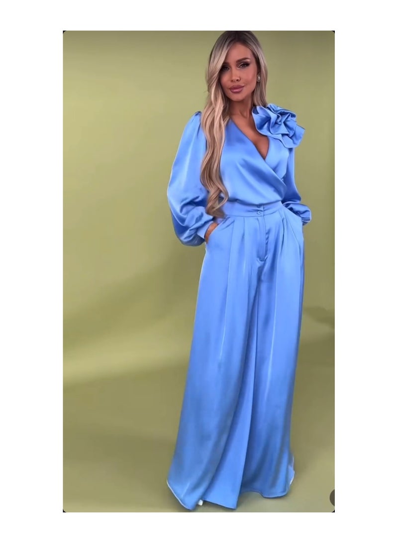 Shougu New Style Elegant Collar Lantern Sleeve Shirt High Waist Wide Leg Pants Two-piece Set - Image 2