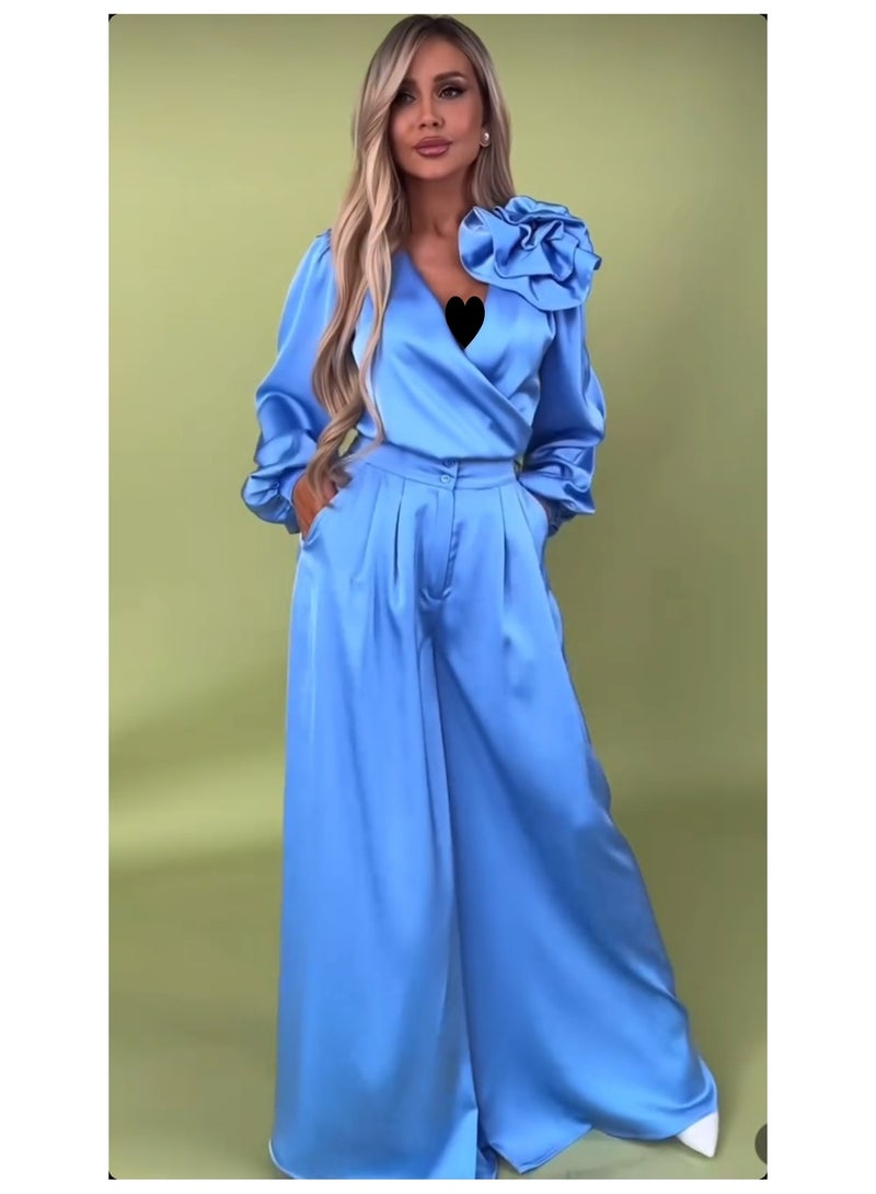 Shougu New Style Elegant Collar Lantern Sleeve Shirt High Waist Wide Leg Pants Two-piece Set - Image 3
