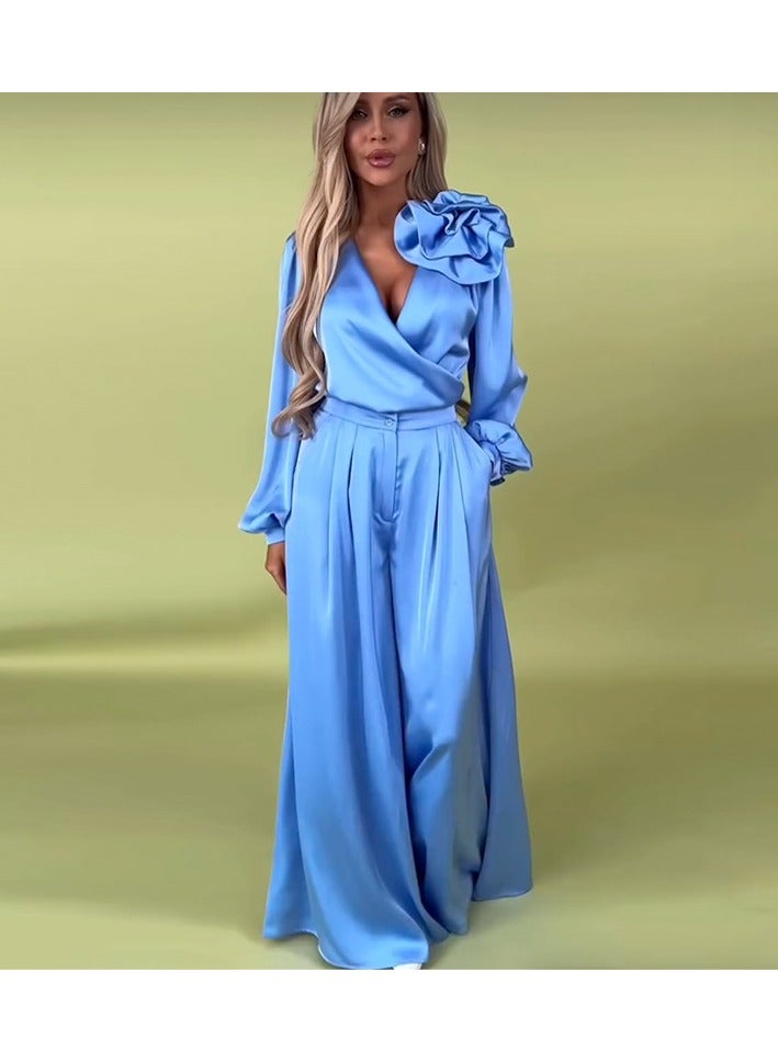 Shougu New Style Elegant Collar Lantern Sleeve Shirt High Waist Wide Leg Pants Two-piece Set - Image 4