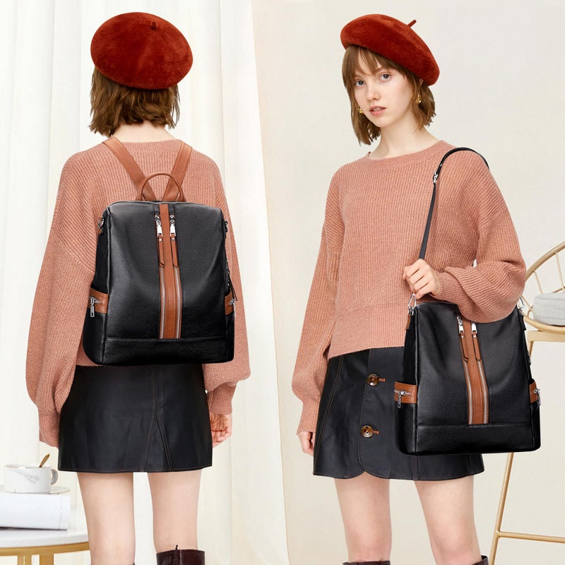 ALTOSY Genuine Leather Backpack Purse for Women Convertible Shoulder Bag Crossbody Bag Elegant Casual Daypacks (S77 Black/Brown) - Image 3