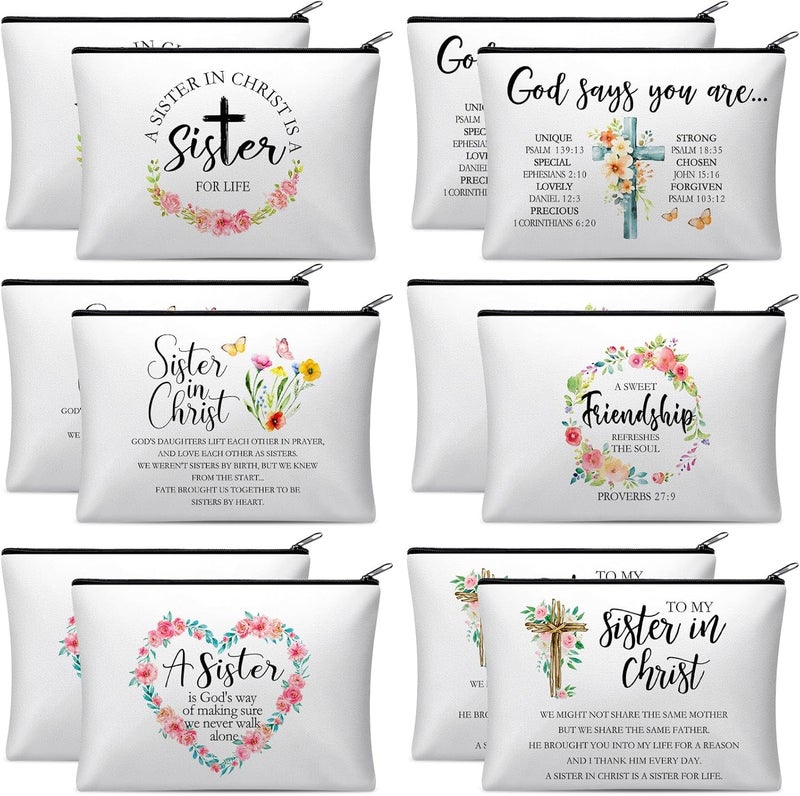 Reginary 12 Pieces Sisters in Christ Makeup Bags Christian Gifts for Women Christian Secret Sister Cosmetic Bags Inspirational Religious Valentine Mother's Day Birthday Gift for Best Friends