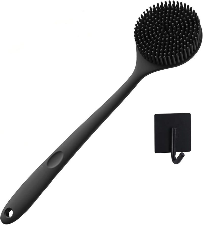 Silicone Body Scrubber for Shower with Long Handle 2Sided Exfoliating Massage Brush Back Scrubber Can Produce Rich Foam Equipped with Stainless Steel Black Hooks Black