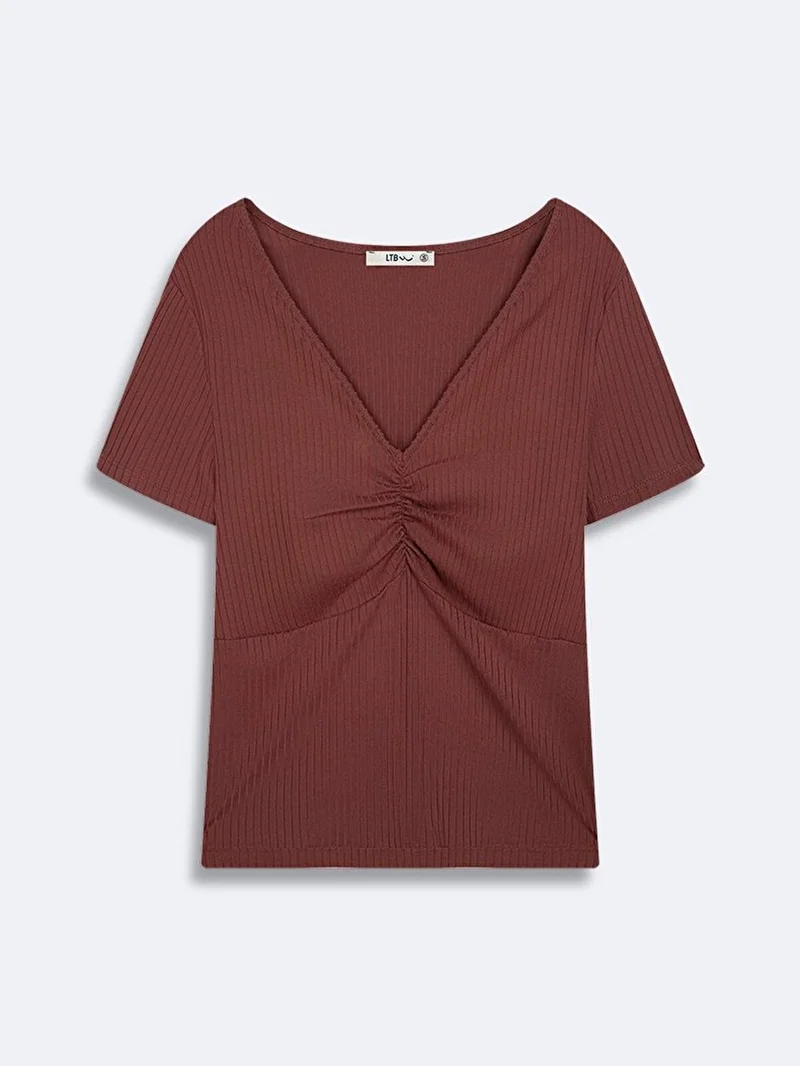 Short Sleeve V-Neck Front Drawstring Brown T-Shirt