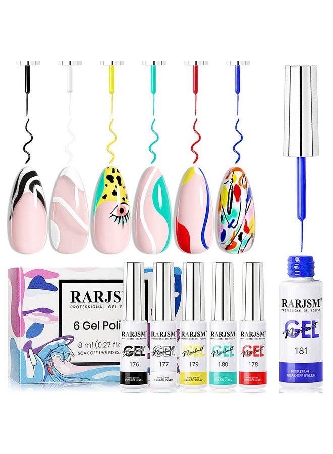 RARJSM Painted Gel Nail Polish Set6Pcs Black White Red Blue Green Yellow Liner Polish Pen Uv Led Curing Requires Nail Painting Gel Polishesgeometric 3D Nail Art Diy Nail Design - Image 1
