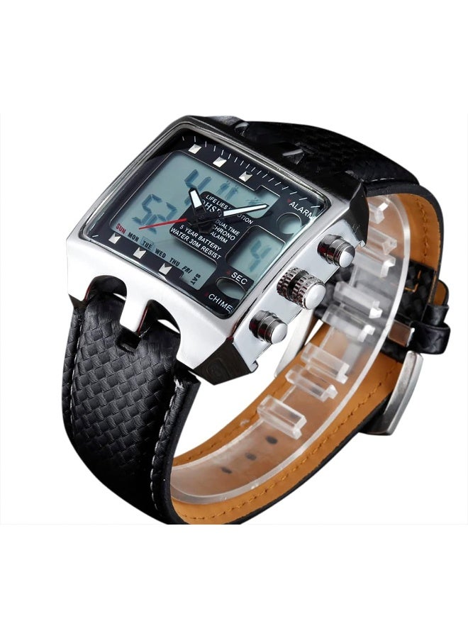 ShoppeWatch Mens Referee Sports Watch Big Square Face LED Dual Time Analog Digital Light Up Dial Stopwatch Leather Band Reloj Deportivo para Hombre Cronometros Wacht, Black Dial, Multifunction Analog - Image 2