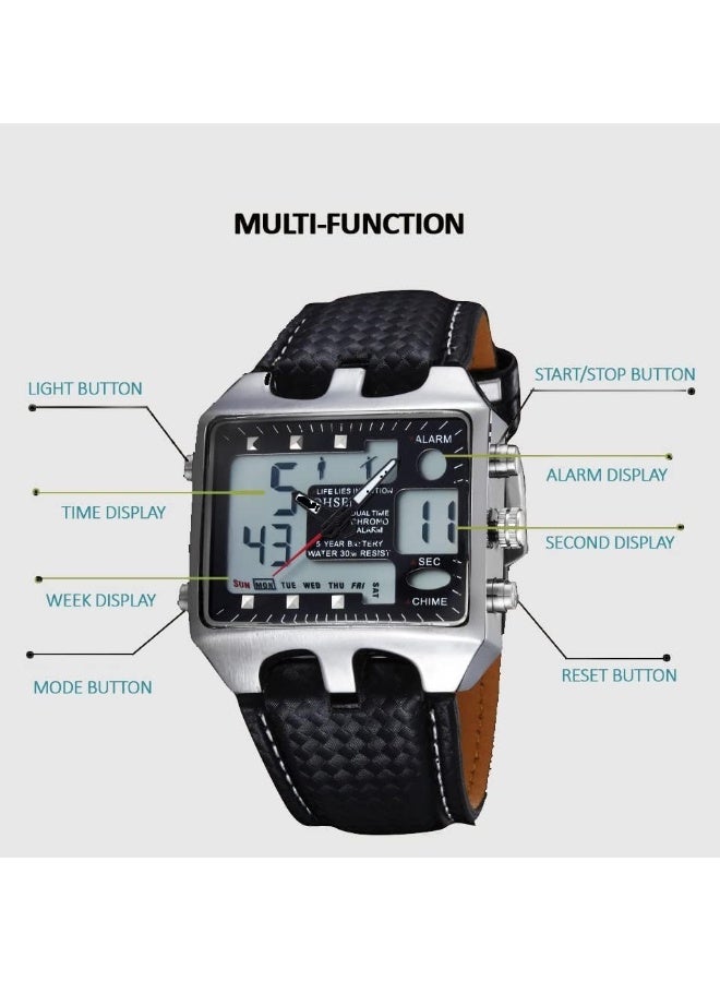 ShoppeWatch Mens Referee Sports Watch Big Square Face LED Dual Time Analog Digital Light Up Dial Stopwatch Leather Band Reloj Deportivo para Hombre Cronometros Wacht, Black Dial, Multifunction Analog - Image 3
