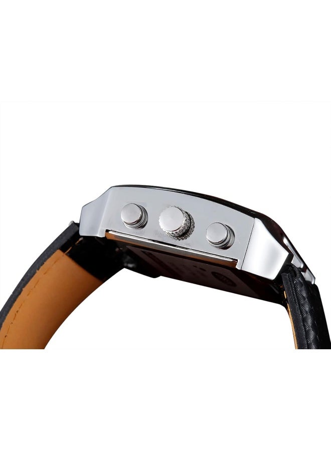 ShoppeWatch Mens Referee Sports Watch Big Square Face LED Dual Time Analog Digital Light Up Dial Stopwatch Leather Band Reloj Deportivo para Hombre Cronometros Wacht, Black Dial, Multifunction Analog - Image 4