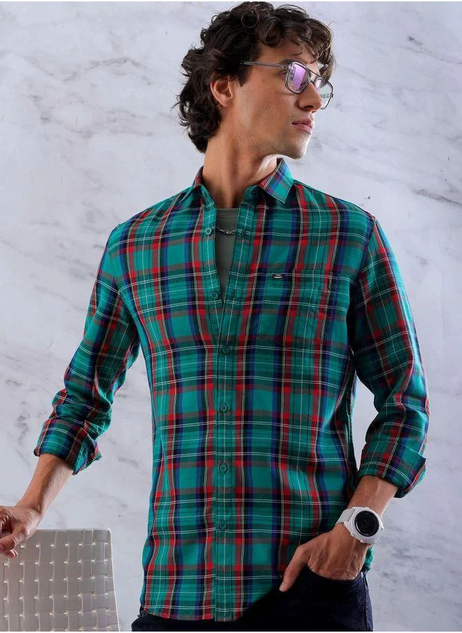 شركة المرآب الهندية Men Slim Fit Checkered Full Sleeves Cutaway Collar Casual Shirt
