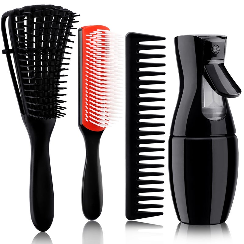 4pcs Curly Hair Brush Set for Adult  Kids Wet or Dry Detangling with Spray Bottle Wide Tooth Comb 31 Red