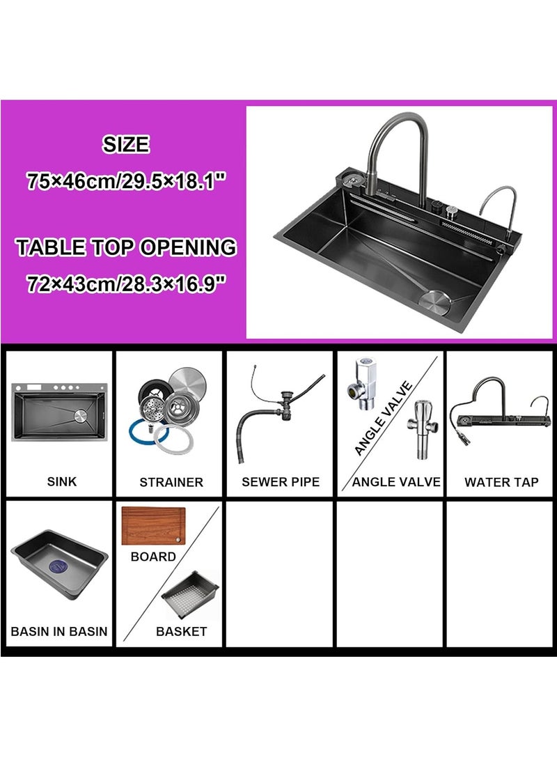 Workstation Kitchen Sink, 304 Stainless Steel Nano Waterfall Sink, Home Sink Vegetable Basin Single Sink, With Pull-Out Faucet, Cup Washer - Image 2